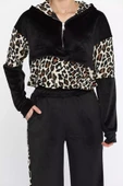Siyah Kadın Leopar Garnili Yarım Fermuarlı Kadife Sweat Pantolon Eşofman Takımı - 4