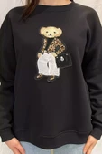 Siyah Kadın Bisiklet Yaka Aplikeli Sweatshirt (aplike Ayılar Farklı Gelebilir) - 3