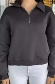 Koyugri Dik Yaka Yarım Fermuarlı Şardonlu Kadın Sweatshirt - 3