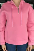 Pembe Yarım Fermuarlı Üç İplik Şardonlu Kadın Sweatshirt - 4
