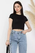 Siyah Kadın Bisiklet Yaka T-shirt - 2