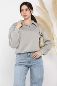 Gri Dik Yaka Yarım Fermuarlı Şardonlu Kadın Sweatshirt - 2