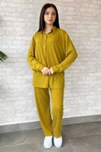 Yağyeşili Kadın Fitilli Gömlek Pantolon İkili Takım - 1