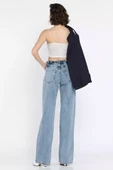 Mavi Bel Bağlamalı Bol Paça Kadın Jean Kot Pantolon - 3