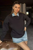 Siyah Kadın Fiyonk Nakışlı Şardonlu Sweatshirt - 1