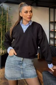 Siyah Kadın Üç İplik Şardonlu Gömlek Garnili Sweatshirt - 1