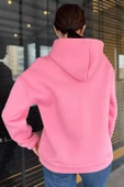 Pembe Yarım Fermuarlı Üç İplik Şardonlu Kadın Sweatshirt - 5