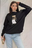 Siyah Kadın Bisiklet Yaka Aplikeli Sweatshirt (aplike Ayılar Farklı Gelebilir) - 1