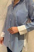 Mavi Çizgili Oversize Kadın Gömlek - 3