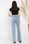 Mavi Yan Kurdele Detaylı Kadın Bol Paça Jean Kot Pantolon - 3