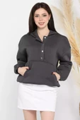 Füme Kadın Şardonlu Kanguru Cepli Düğme Detaylı Sweatshirt - 2