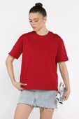 Bordo Bisiklet Yaka Kadın Basic Tişört - 2