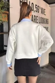 Beyaz Kadın Üç İplik Şardonlu Gömlek Garnili Sweatshirt - 4