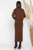 Kahve Kadın İnci Ve Taş İşlemeli Triko Elbise Hırka İkili Takım - 4