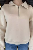 Taş Dik Yaka Yarım Fermuarlı Şardonlu Kadın Sweatshirt - 3