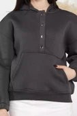 Füme Kadın Şardonlu Kanguru Cepli Düğme Detaylı Sweatshirt - 4