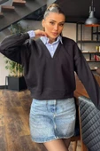 Siyah Kadın Üç İplik Şardonlu Gömlek Garnili Sweatshirt - 2