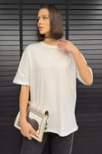 Beyaz Kadın Bisiklet Yaka Oversize Basic Tişört - 2