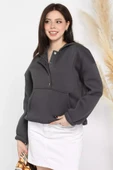 Füme Kadın Şardonlu Kanguru Cepli Düğme Detaylı Sweatshirt - 1