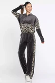 Füme Kadın Leopar Garnili Yarım Fermuarlı Kadife Sweat Pantolon Eşofman Takımı - 2