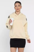 Bej Kadın Kapüşonlu Kol Nakış Detaylı Şardonlu Sweatshirt - 2