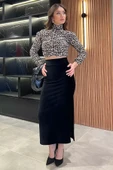 Siyah Kadın Yırtmaçlı Kadife Etek - 1