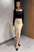 Açıkbej Yırtmaçlı Kadın Kalem Etek - 1