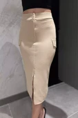 Açıkbej Yırtmaçlı Kadın Kalem Etek - 5