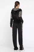 Siyah Kadın Leopar Garnili Yarım Fermuarlı Kadife Sweat Pantolon Eşofman Takımı - 3