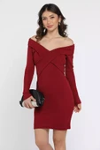 Bordo Kadın Çapraz Yaka Mini Elbise - 1