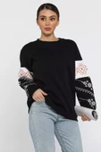 Siyah Kol Nakışlı Kadın Şardonlu Bisiklet Yaka Sweatshirt - 2