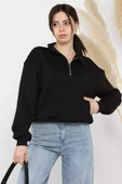 Siyah Dik Yaka Yarım Fermuarlı Şardonlu Kadın Sweatshirt - 2