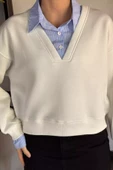 Beyaz Kadın Üç İplik Şardonlu Gömlek Garnili Sweatshirt - 3