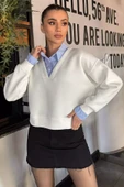 Beyaz Kadın Üç İplik Şardonlu Gömlek Garnili Sweatshirt - 1