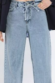Mavi Bel Bağlamalı Bol Paça Kadın Jean Kot Pantolon - 4