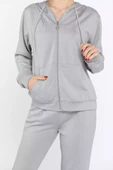 Gri Kadın Cepli Fermuarlı Sweat Pantolon Eşofman Takımı - 4