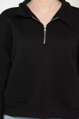 Siyah Dik Yaka Yarım Fermuarlı Şardonlu Kadın Sweatshirt - 4