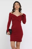Bordo Kadın Çapraz Yaka Mini Elbise - 2