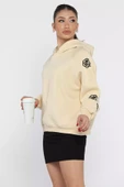 Bej Kadın Kapüşonlu Kol Nakış Detaylı Şardonlu Sweatshirt - 1