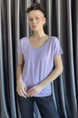 Lila Ön Arka V Yaka Kadın T-shirt - 2