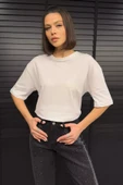 Beyaz Kadın Bisiklet Yaka Oversize Basic Tişört - 1