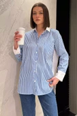 Mavi Çizgili Oversize Kadın Gömlek - 2