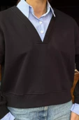 Siyah Kadın Üç İplik Şardonlu Gömlek Garnili Sweatshirt - 3