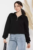 Siyah Dik Yaka Yarım Fermuarlı Şardonlu Kadın Sweatshirt - 1
