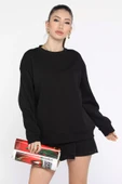 Siyah Kadın Üç İplik Şardonlu Bisiklet Yaka Sweatshirt - 1