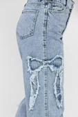 Mavi Yan Kurdele Detaylı Kadın Bol Paça Jean Kot Pantolon - 4