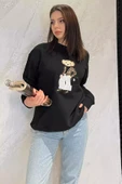 Siyah Kadın Bisiklet Yaka Aplikeli Sweatshirt (aplike Ayılar Farklı Gelebilir) - 2