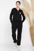 Siyah Kadın Kapüşonlu Fermuarlı Sweat Pantolon Eşofman Takımı - 2