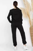 Siyah Kadın Kapüşonlu Fermuarlı Sweat Pantolon Eşofman Takımı - 3