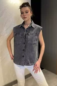 Antrasit Çift Cepli Kadın Jean Kot Yelek - 3